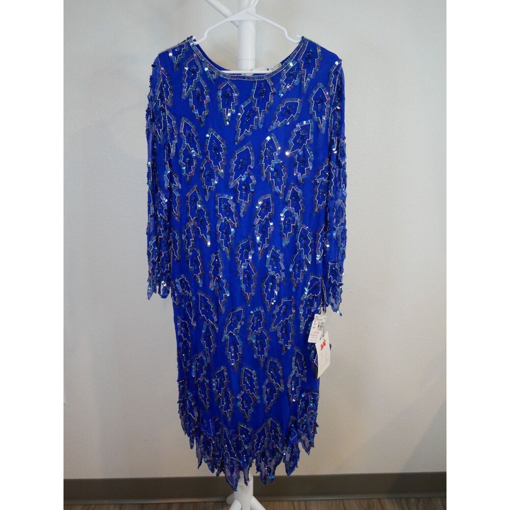 Swee Lo Silk Beaded Sequin Dress Large Cobalt Blue Hand Embellished